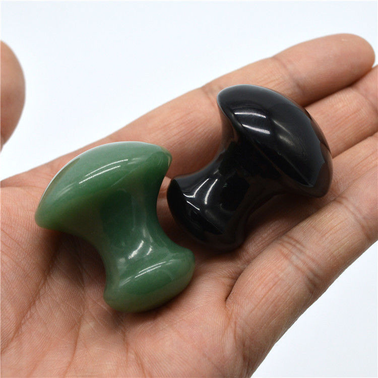 Polished Natural Jade Stone Massage Kit featuring Mushroom Shaped Green Aventurine and Black Obsidian Stones for Gua Sha